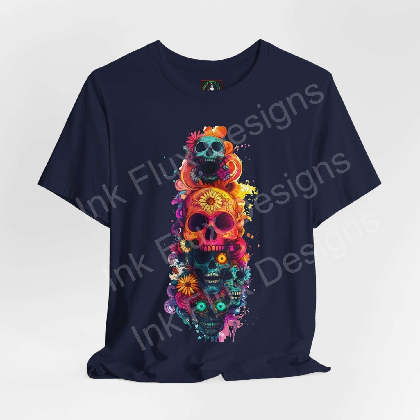 Navy blue T-shirt featuring colorful Day of the Dead skull graphics, ideal for DÃ­a de Muertos celebrations.