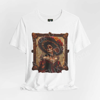 Day of the Dead themed graphic tee featuring a Día de Muertos skeleton portrait in an ornate frame, on a unisex white T-shirt.
