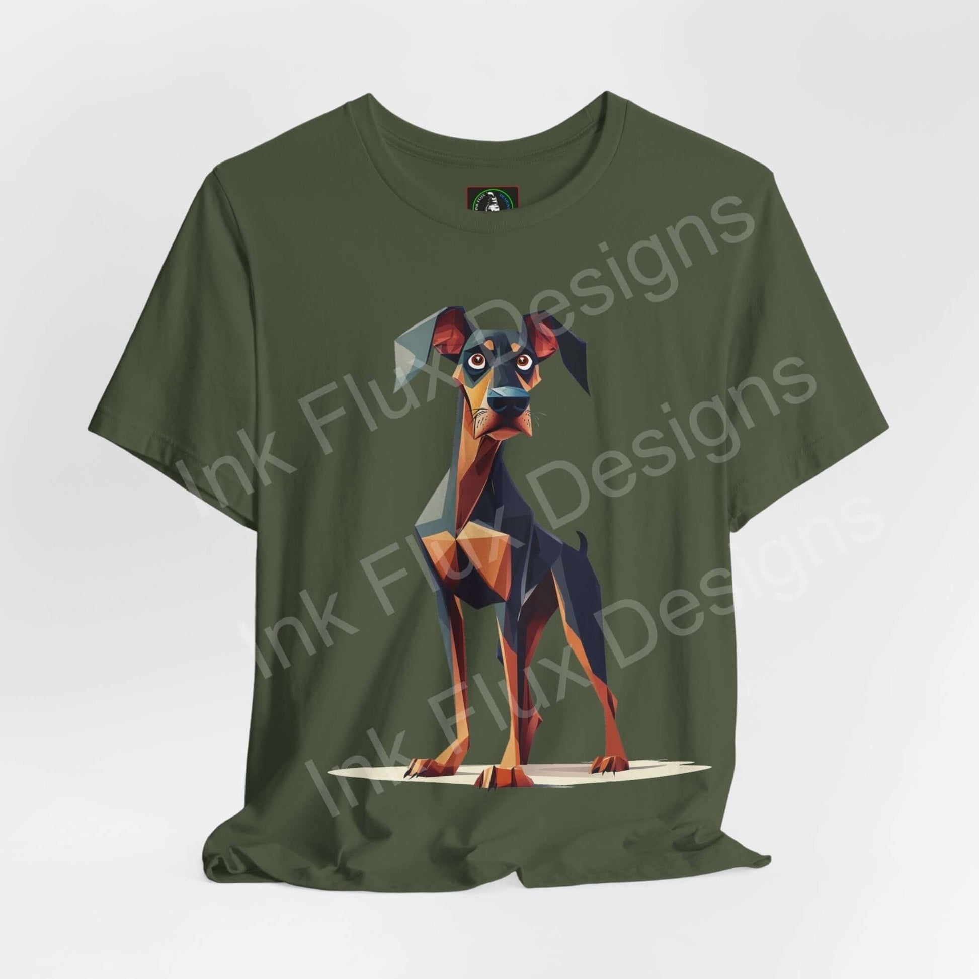 Green graphic tee featuring a geometric Dobermann design, ideal for dog lovers looking for stylish, comfortable shirts.