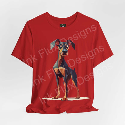 Red unisex T-shirt featuring a geometric Doberman design, ideal for dog lovers, from the Dobermann Big Pup collection by Bella+Canvas.