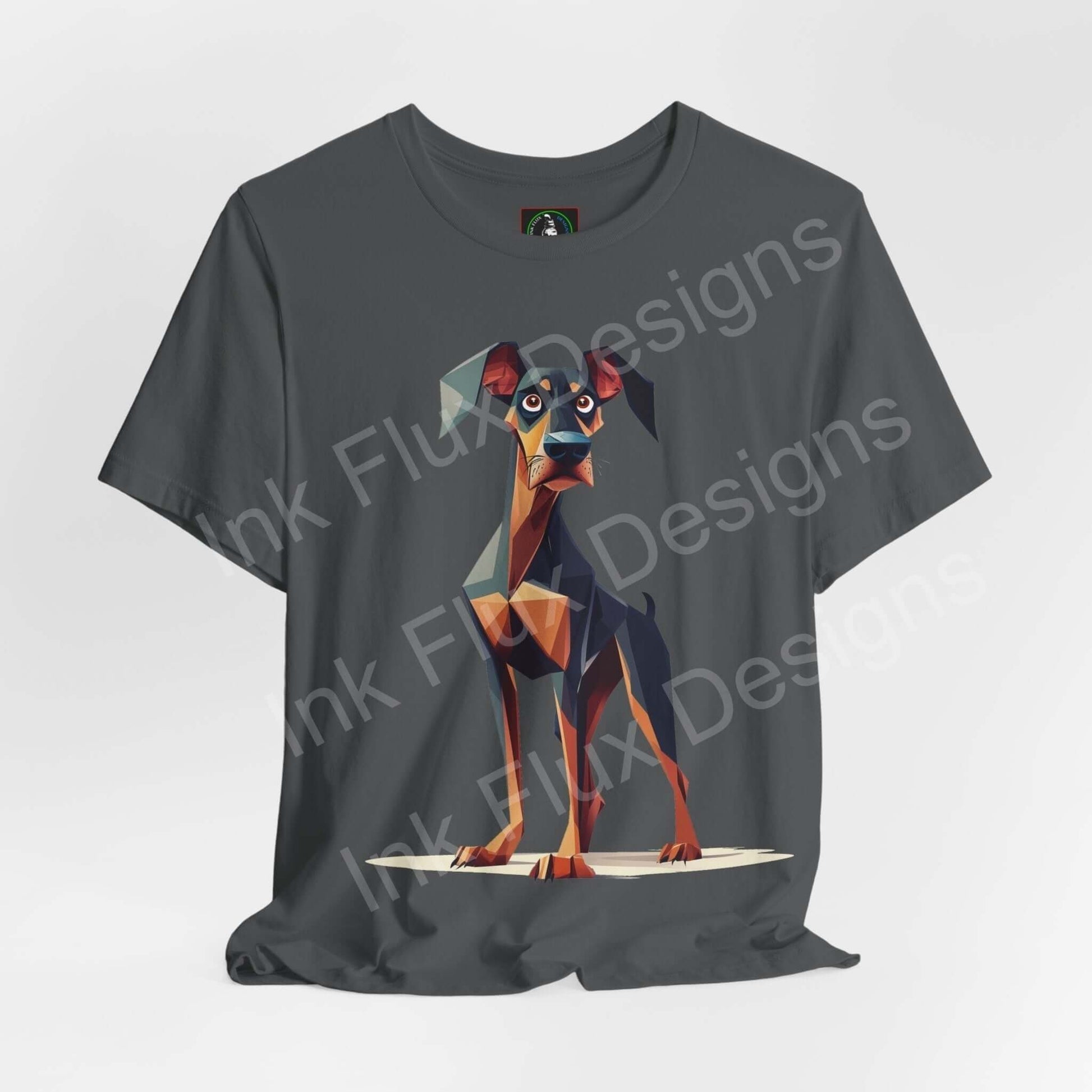 Graphic tee featuring a stylized Dobermann design on a dark gray shirt, ideal for dog lovers who appreciate unique graphic tees and sustainable fashion.