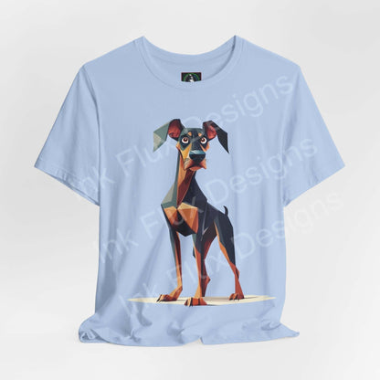 Light blue unisex T-shirt featuring a graphic design of a Dobermann, perfect for dog lovers, by Bella+Canvas.