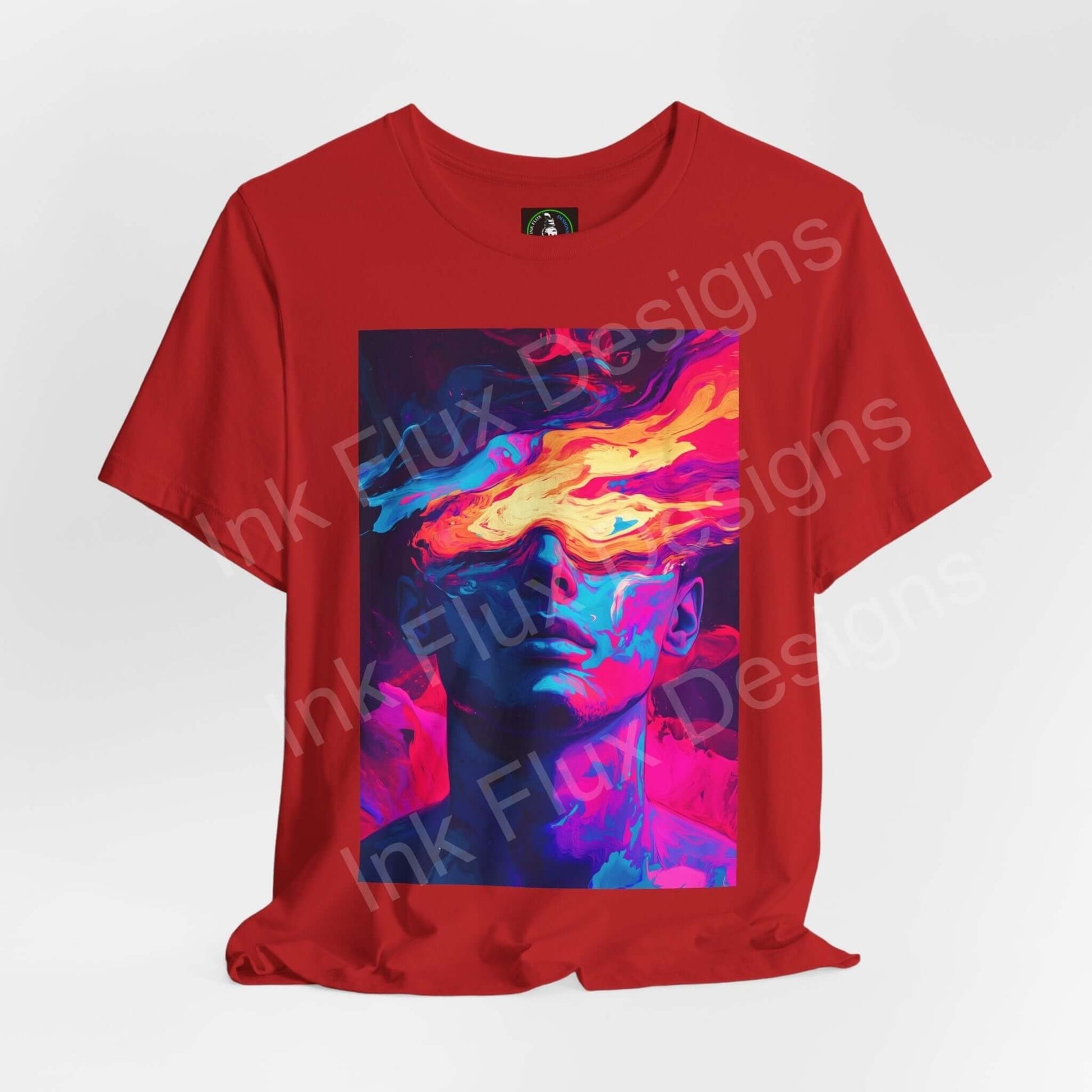 Bold red unisex T-shirt featuring a psychedelic, trippy graphic of a face with vibrant, swirling colors, from Bella+Canvas.