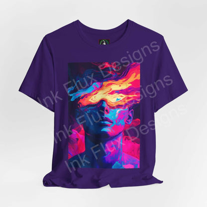 Psychedelic graphic tee with bold trippy design on purple unisex jersey shirt, showcasing vibrant, surreal face art for style and comfort.