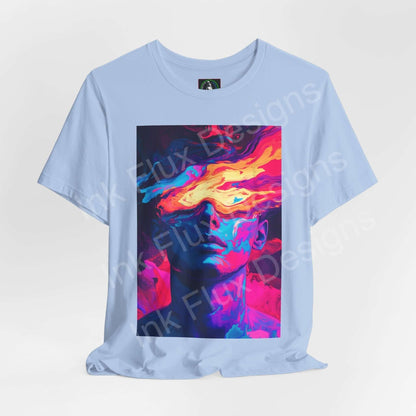 Unisex light blue T-shirt featuring a bold, psychedelic graphic of a colorful face, from the Dreamscape IV collection by Bella+Canvas.