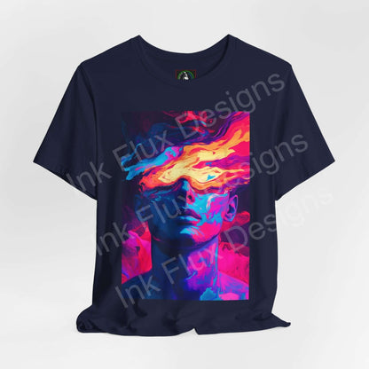 "Dreamscape IV unisex T-shirt featuring bold psychedelic graphic with vibrant trippy colors on navy fabric, by Bella+Canvas."