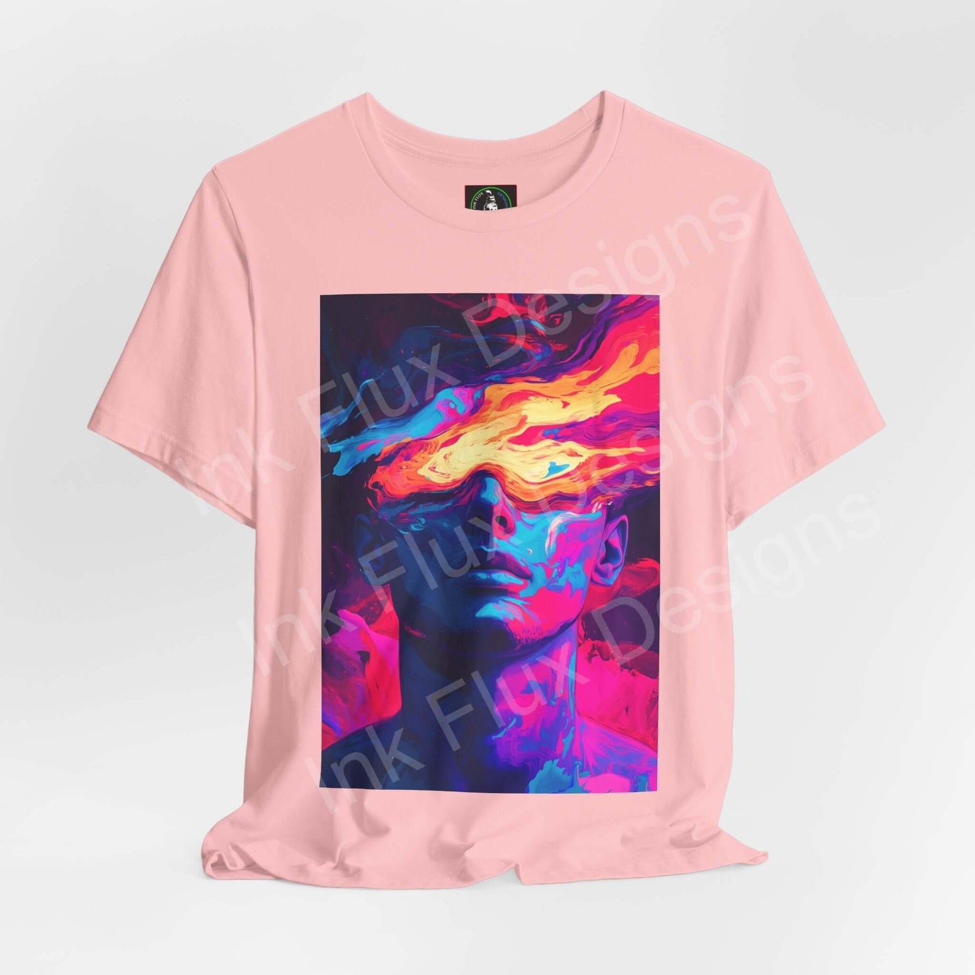 Pink unisex jersey T-shirt featuring a bold, psychedelic graphic print with vibrant, trippy colors, designed for style and comfort.