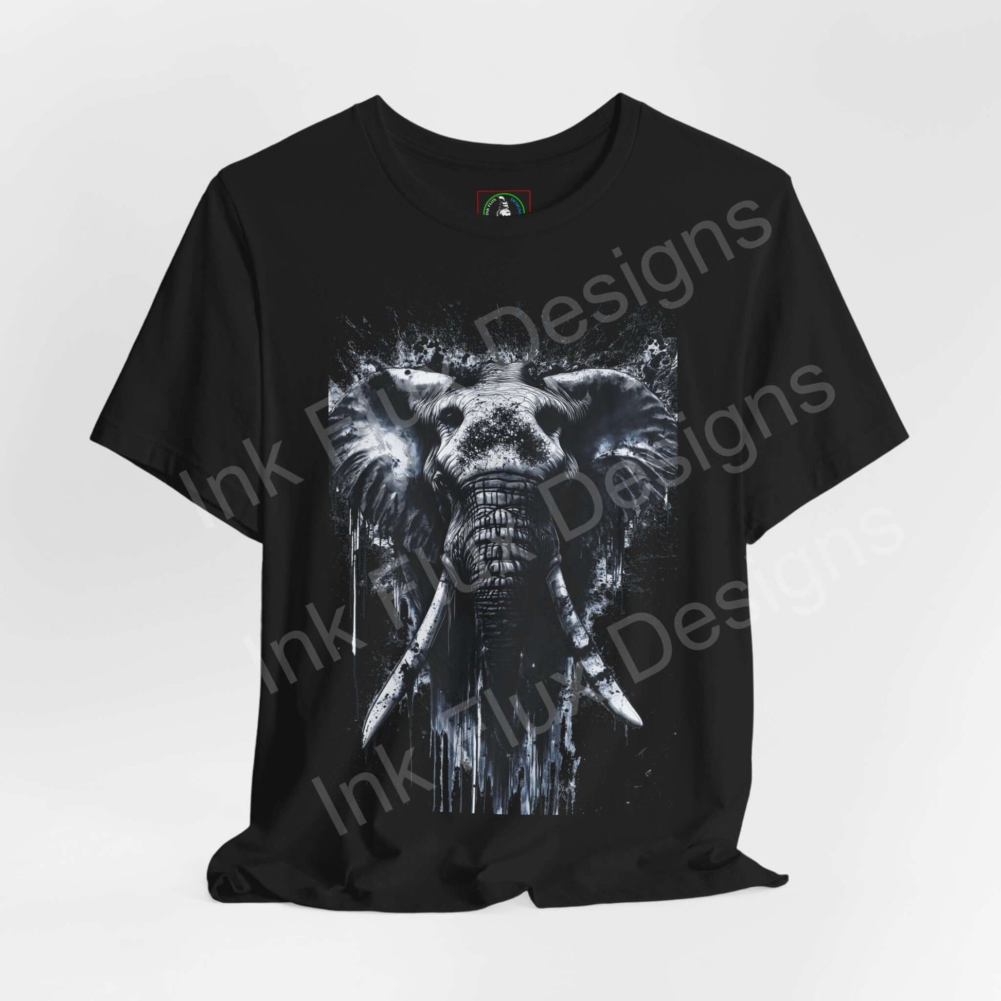 Black unisex T-shirt with graphic elephant design, titled 'Elephant Spirit II', showcasing striking white elephant print, ideal for spirit animal enthusiasts.