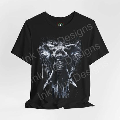 Black unisex T-shirt with graphic elephant design, titled 'Elephant Spirit II', showcasing striking white elephant print, ideal for spirit animal enthusiasts.