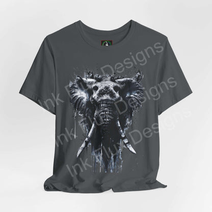 Graphic Tee featuring a bold elephant design in a splatter art style on a gray unisex shirt, capturing the essence of spirit animals.