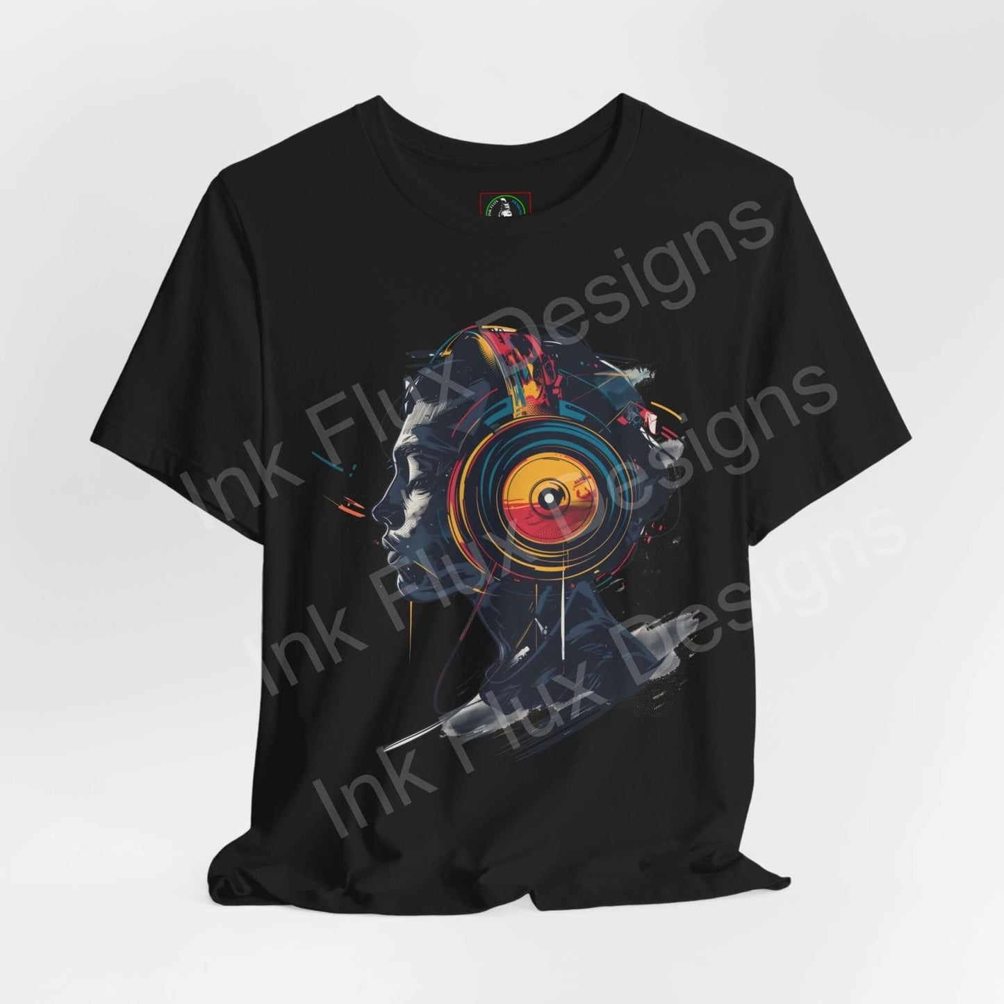 Black unisex graphic tee featuring a vibrant, abstract design with bold colors and artistic elements, perfect for style and comfort.