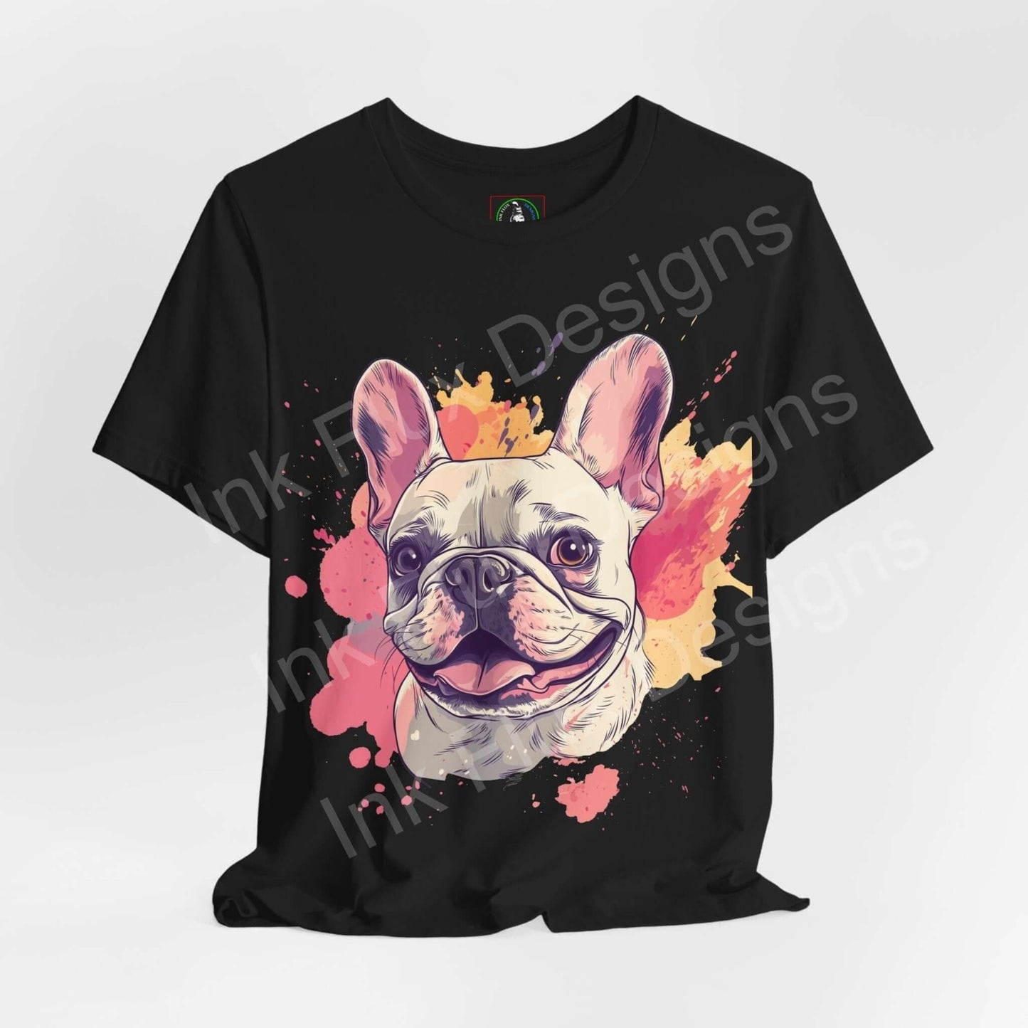 Black unisex graphic tee featuring a colorful French Bulldog design, perfect for dog lovers and T-shirt enthusiasts.