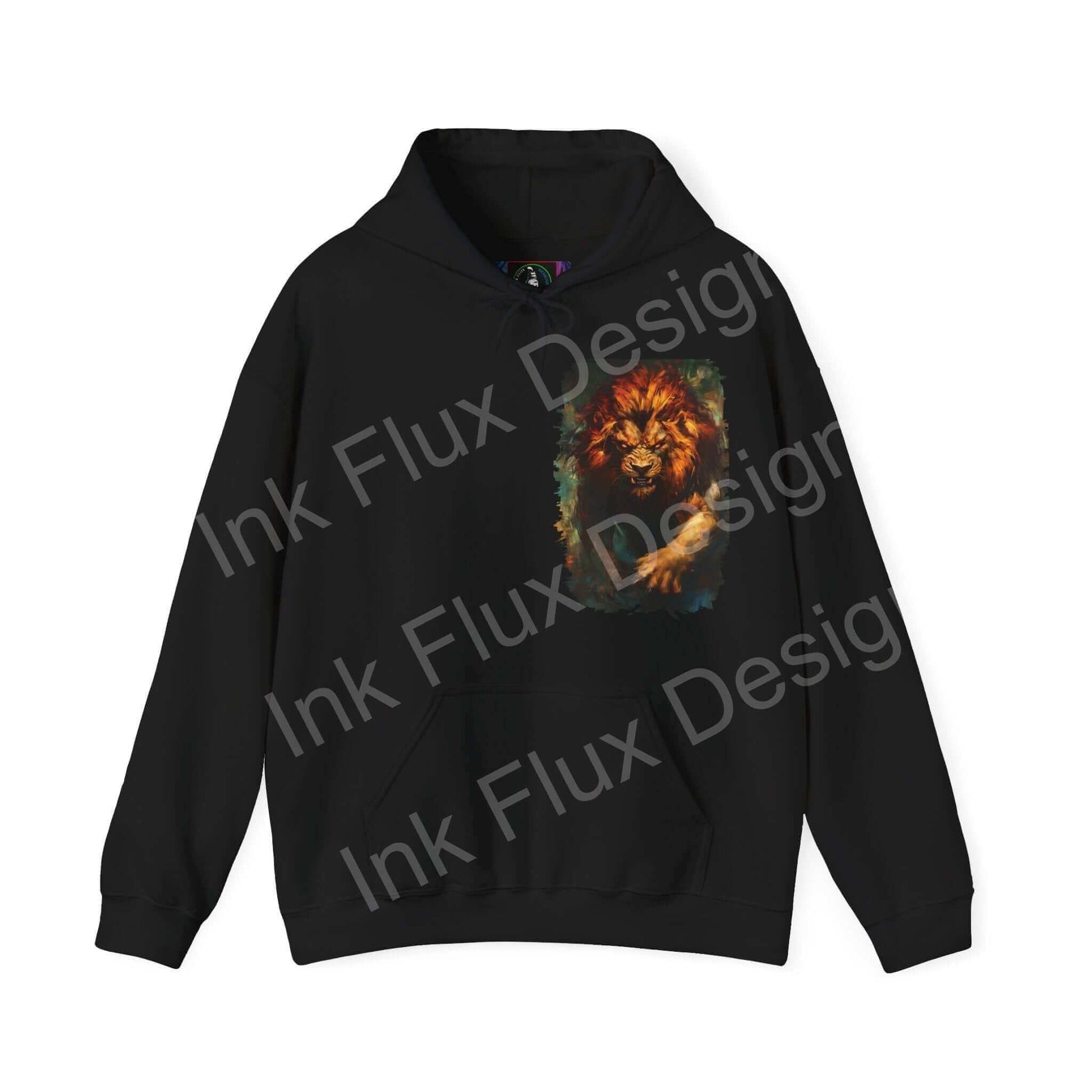 Lion Fury III Hooded Sweatshirt featuring a bold lion graphic design on black, comfortable and stylish with a blend of cotton and polyester.