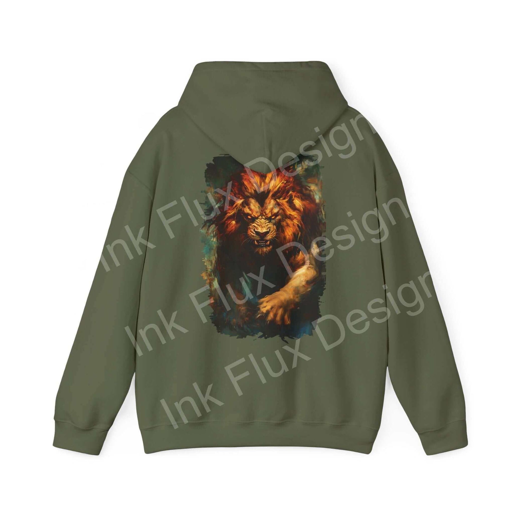Olive green "Lion Fury III" hooded sweatshirt featuring bold lion graphic design on the back, ideal for graphic hoodies enthusiasts.