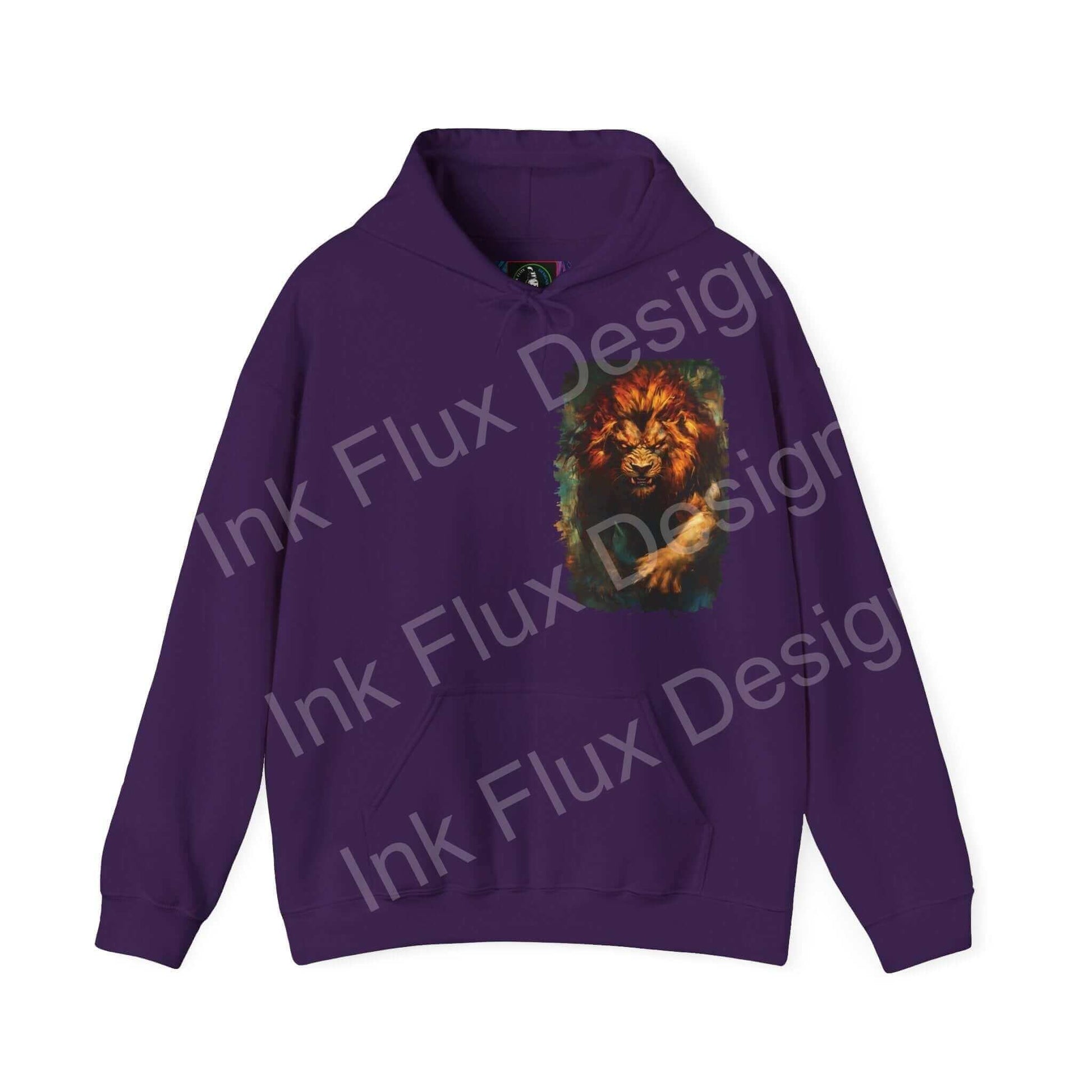 Purple Lion Fury III hooded sweatshirt with bold lion graphic design, unisex and cozy for style and warmth.