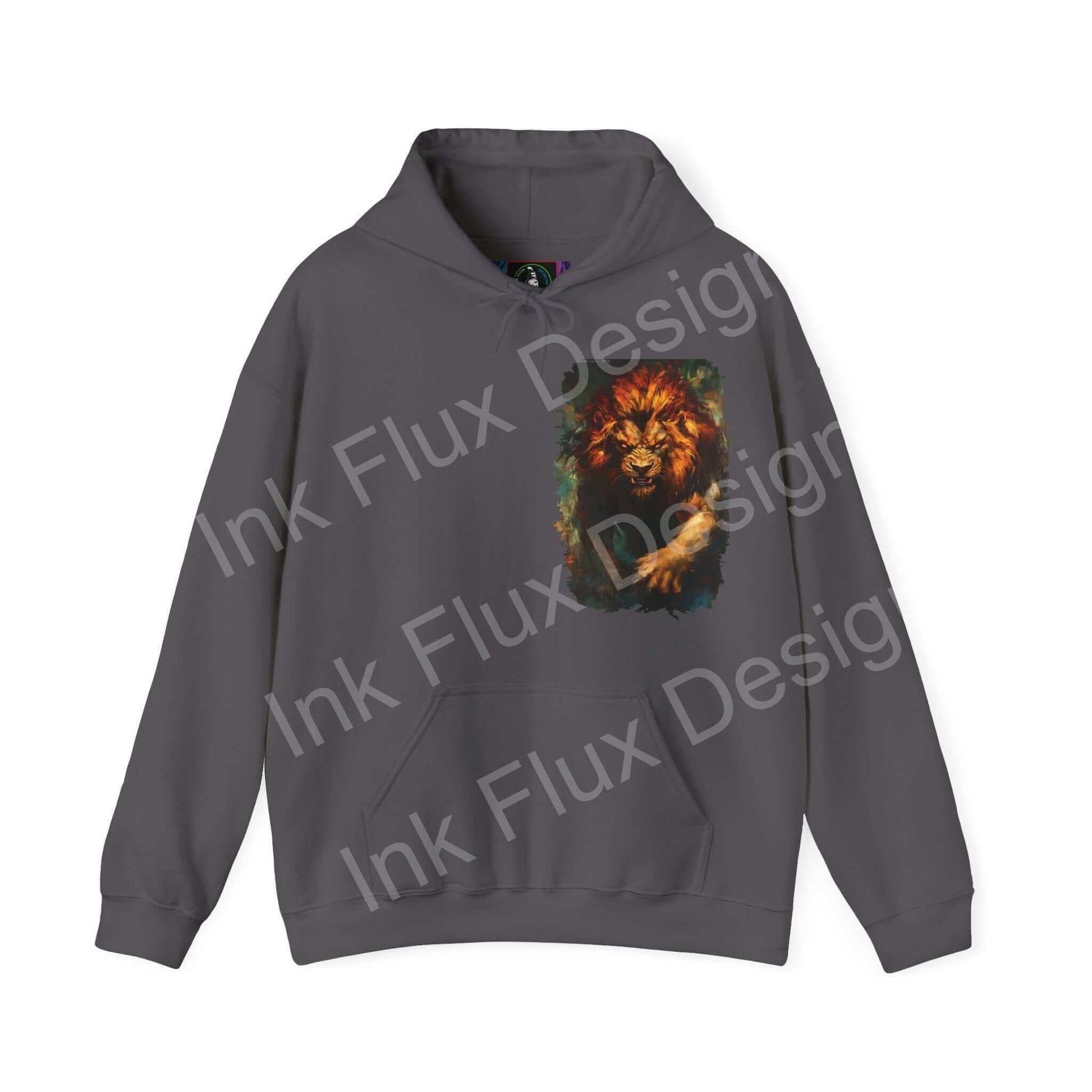 Charcoal gray unisex hoodie with bold lion graphic, Lion Fury III design, ideal for style and warmth.