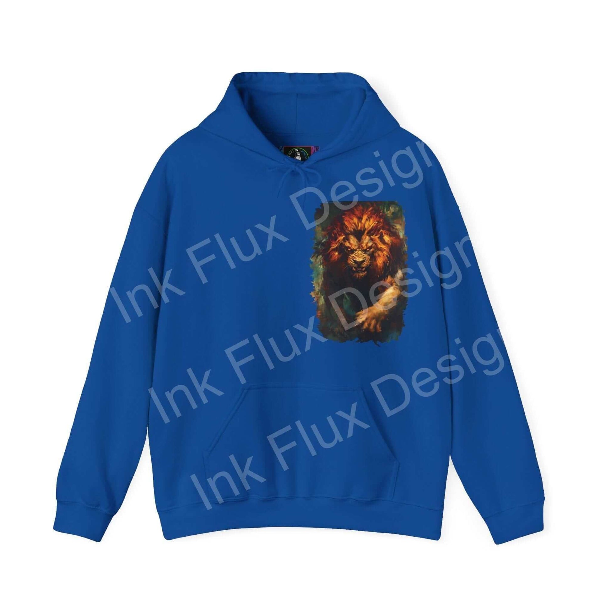 Blue Lion Fury III hooded sweatshirt with a bold lion design on the front, showcasing graphic hoodies with bold designs.