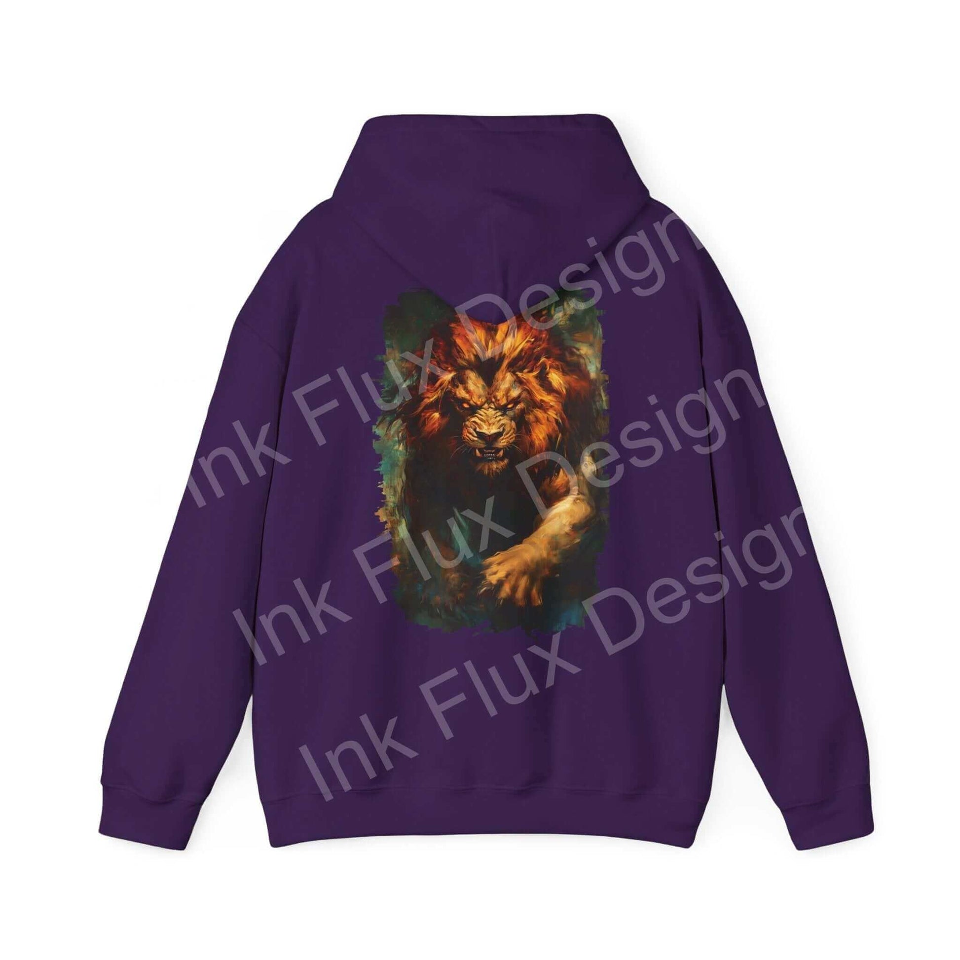 Back view of a purple Lion Fury III hooded sweatshirt featuring a vibrant graphic lion design, ideal for bold graphic hoodies lovers.