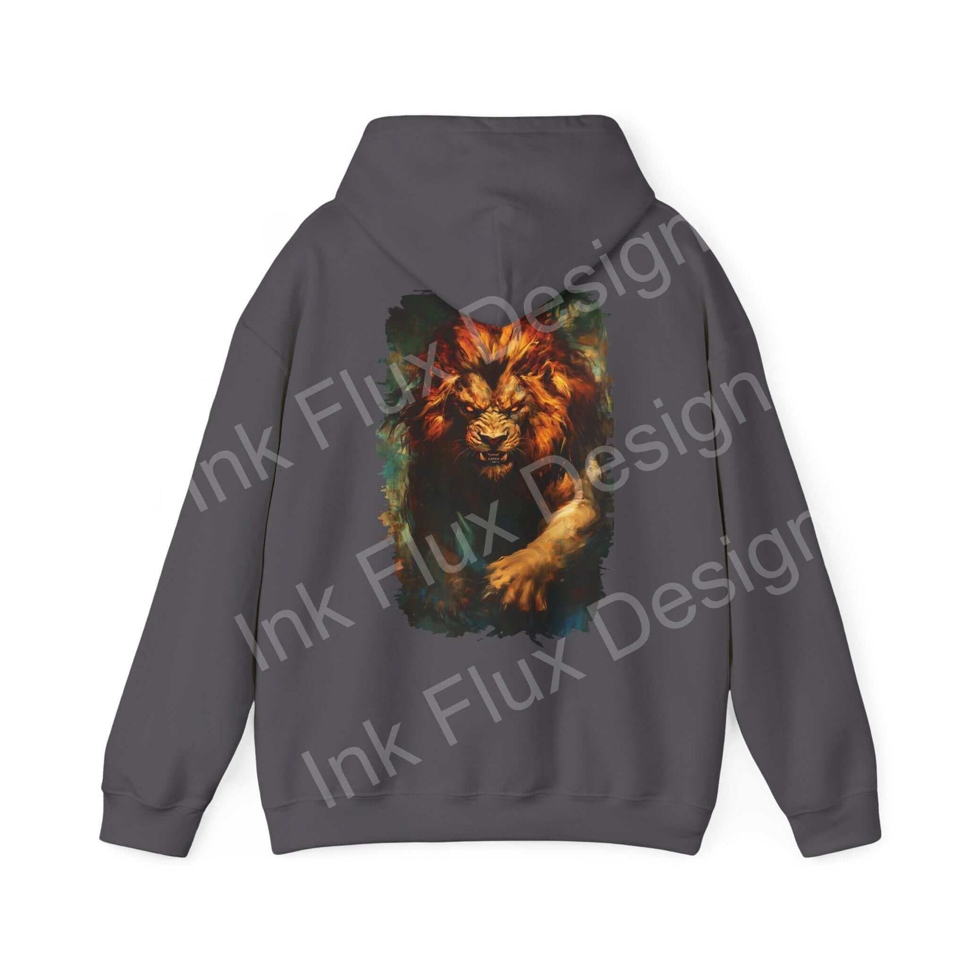 Lion Fury III Hooded Sweatshirt, featuring a bold lion design on a gray hoodie, ideal for graphic hoodies collectors and style enthusiasts.
