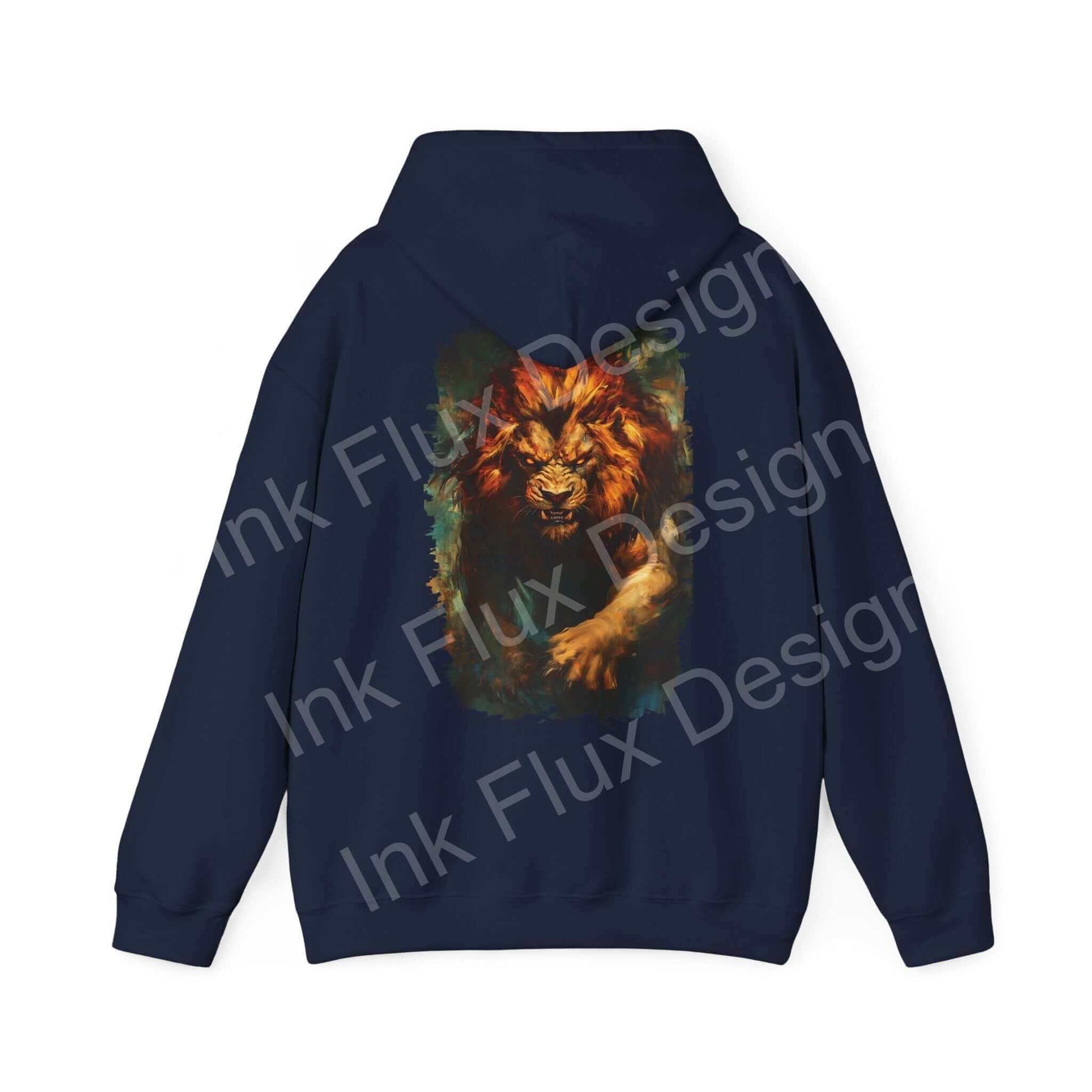 Navy blue Lion Fury III hooded sweatshirt with vibrant lion graphic design, showcasing bold designs on quality graphic hoodies.