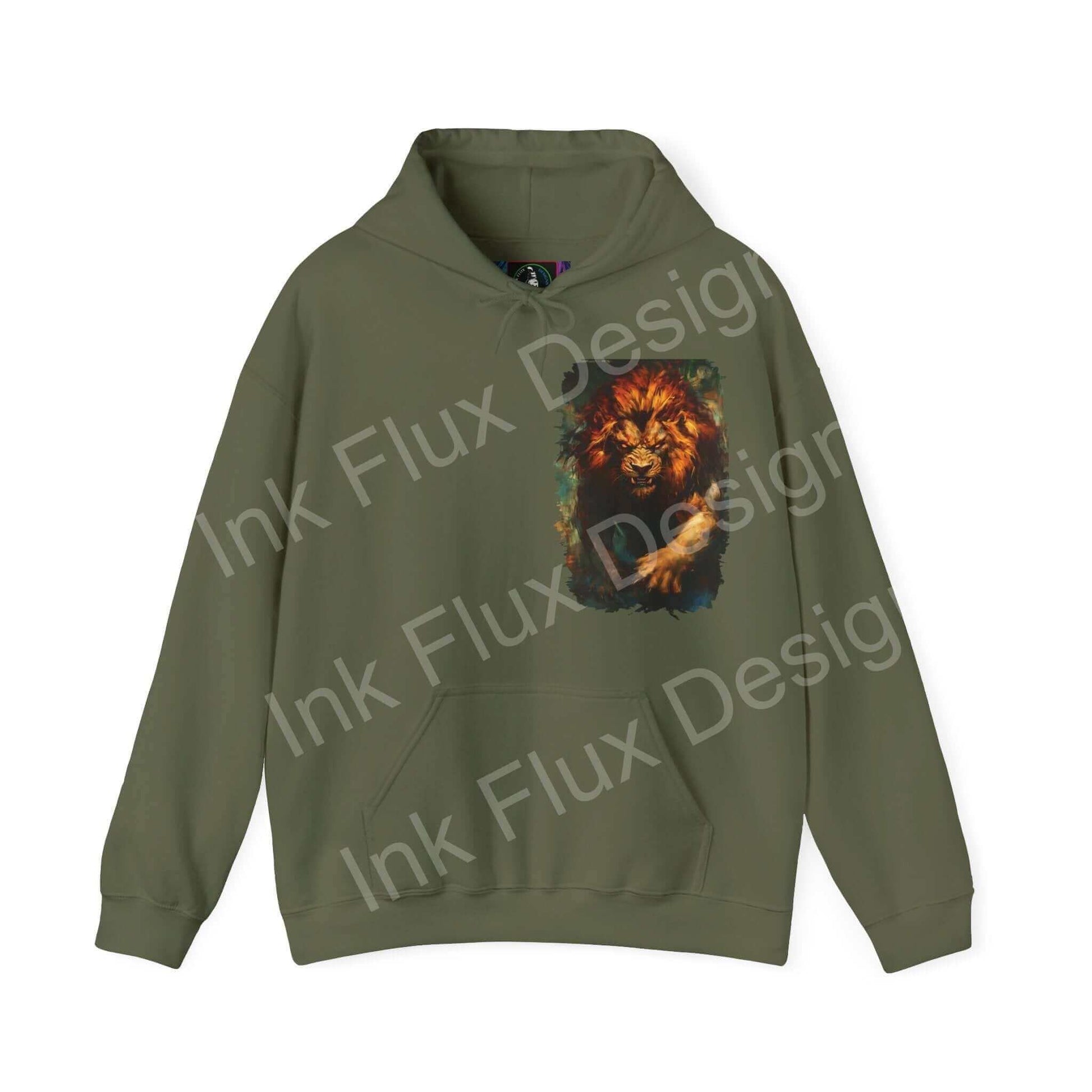 Olive green Lion Fury III hooded sweatshirt with a bold lion design, perfect for graphic hoodie enthusiasts seeking style and comfort.