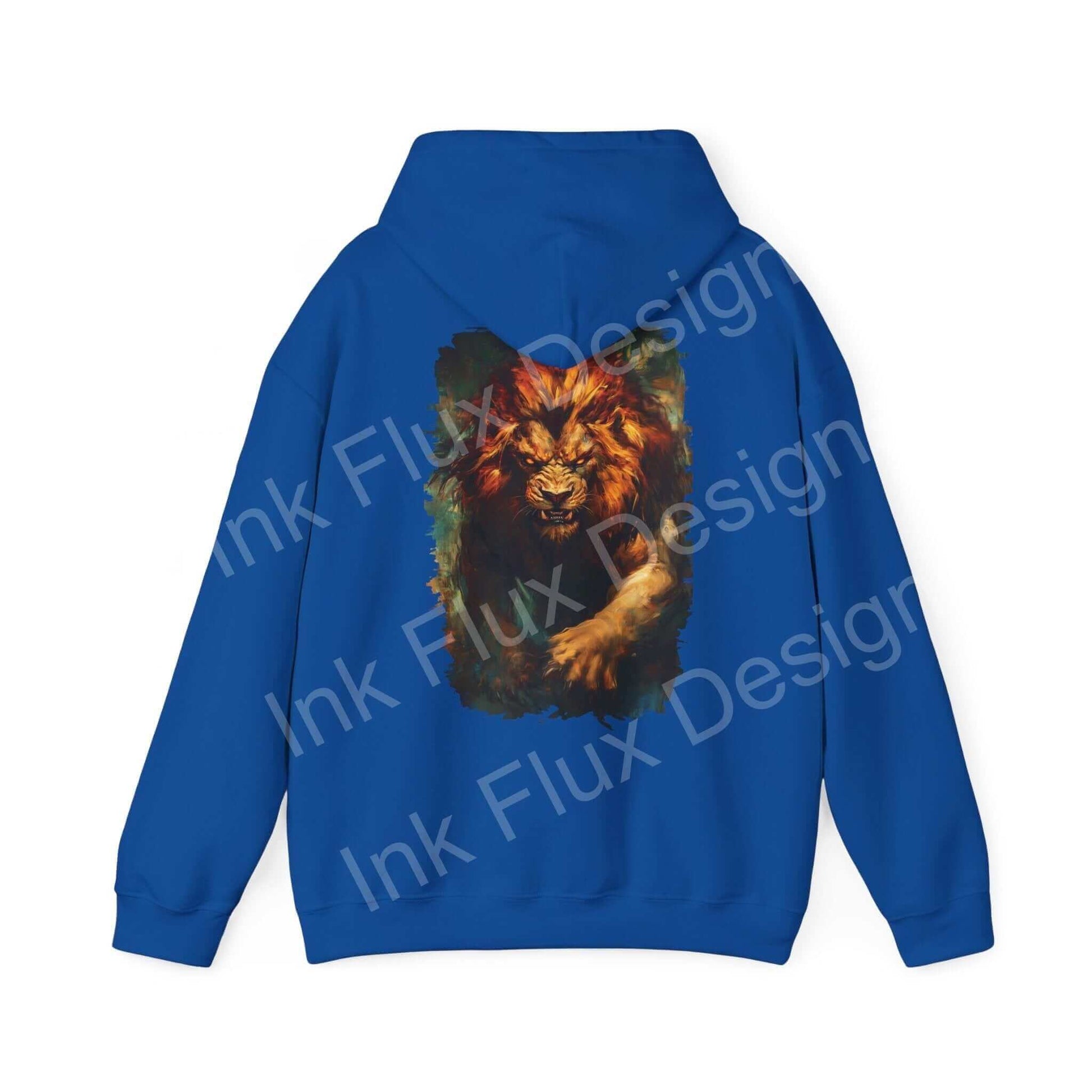 Back view of Lion Fury III graphic hoodie in blue featuring a bold lion design, ideal for showcasing stylish and bold graphic hoodies.