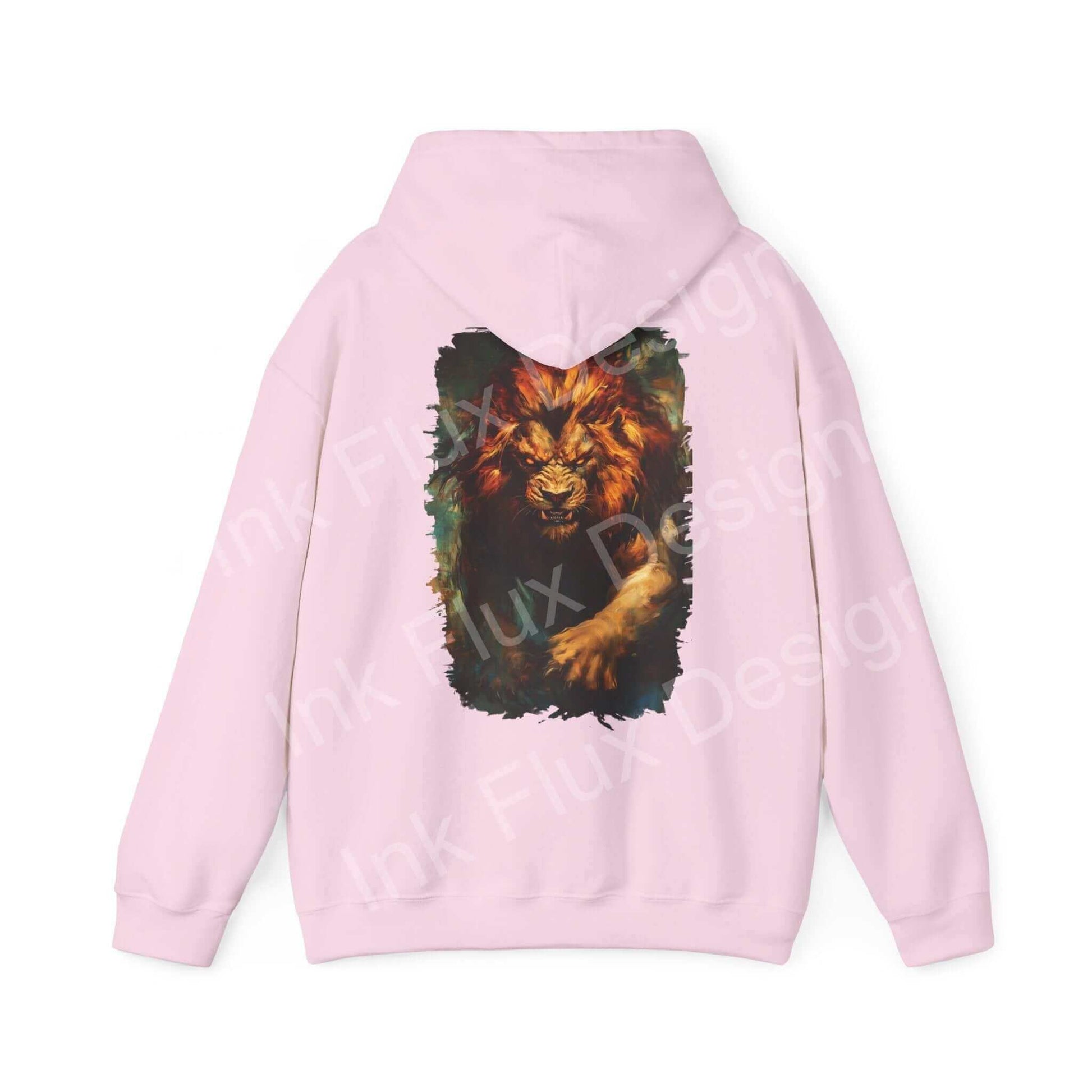 Pink unisex hoodie with bold graphic of a lion on the back, ideal for a stylish, cozy look.