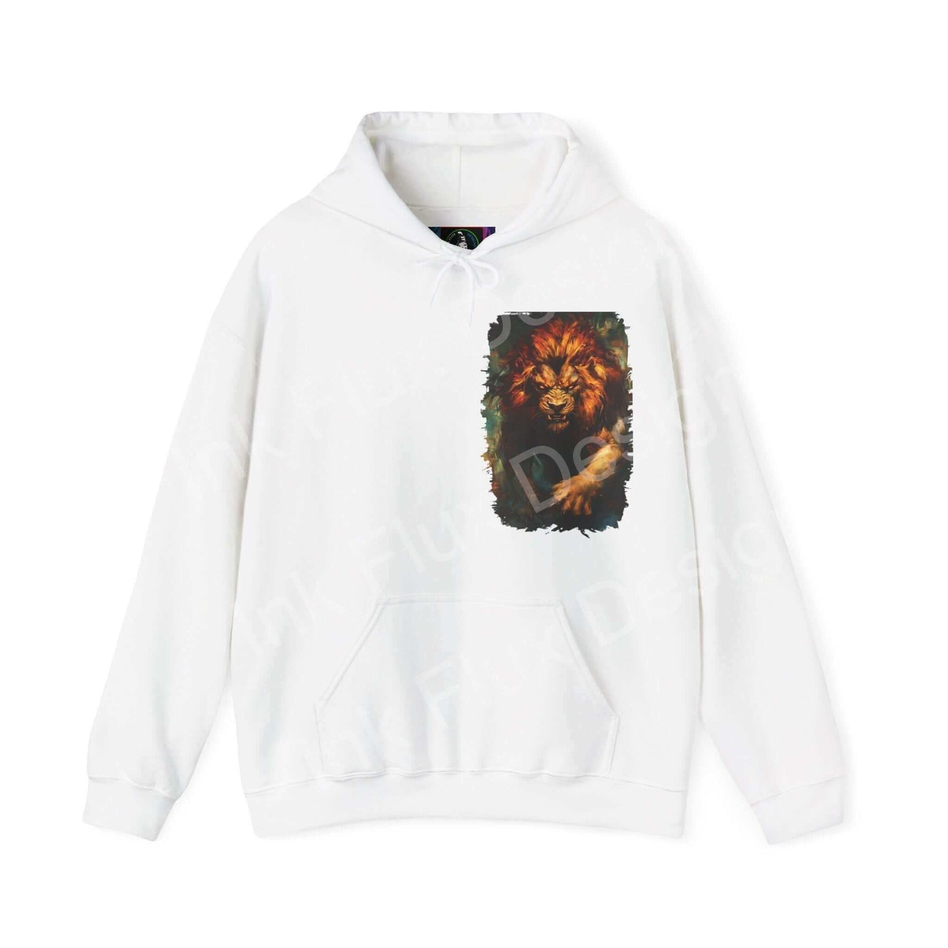 Unisex white hoodie with bold lion graphic, Lion Fury III Hooded Sweatshirt, cozy unisex graphic hoodie.