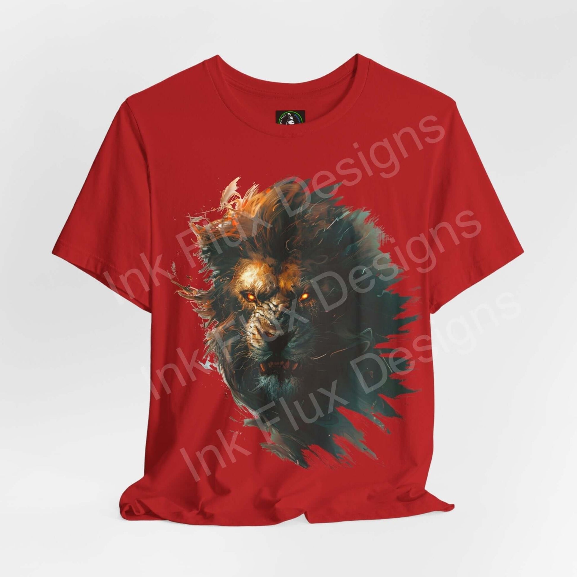 Red Lion Fury graphic tee featuring a vibrant, artistic lion design on a unisex Airlume cotton T-shirt, emphasizing comfort and style.