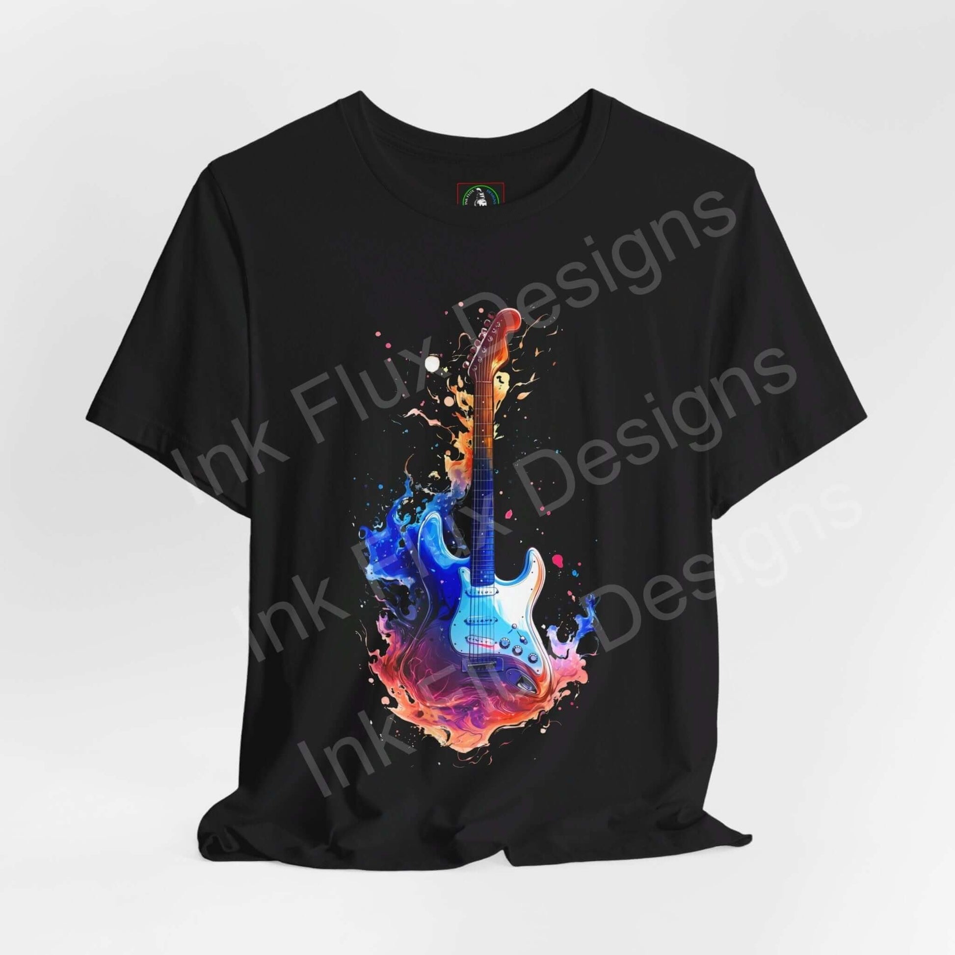 Unisex black jersey T-shirt featuring a vibrant, colorful graphic of a liquid guitar design, perfect for music and fashion enthusiasts.