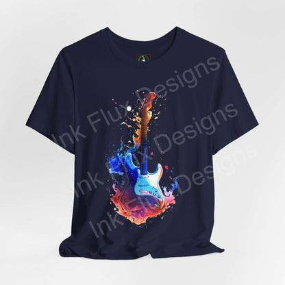Unisex navy blue T-shirt featuring a vibrant graphic of a guitar with splashes of colorful ink, from Bella+Canvas, ideal for music enthusiasts.