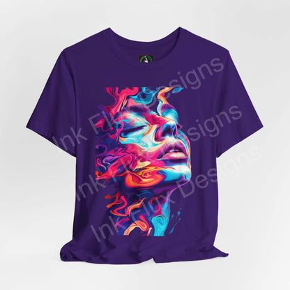 Purple unisex T-shirt featuring a bold, psychedelic liquid portrait with vibrant, trippy graphics.