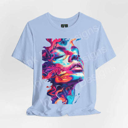 Light blue unisex jersey T-shirt featuring a bold, psychedelic graphic of a colorful, trippy portrait design, by Bella+Canvas.
