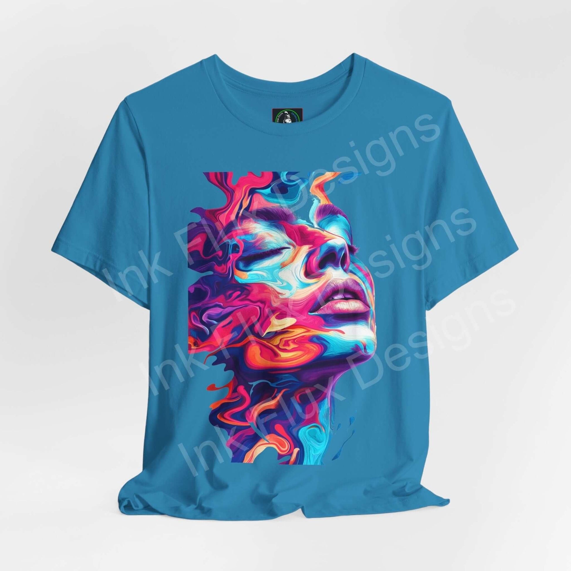 Blue unisex jersey tee featuring a bold, psychedelic liquid portrait graphic in vibrant colors, perfect for a trippy, stylish look.