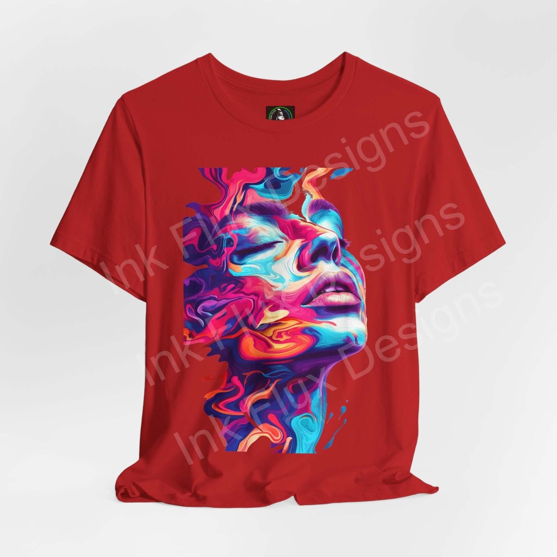 Red unisex T-shirt with bold, psychedelic liquid portrait graphic in vibrant blue and pink, from Bella+Canvas, ideal for stylish, sustainable fashion.