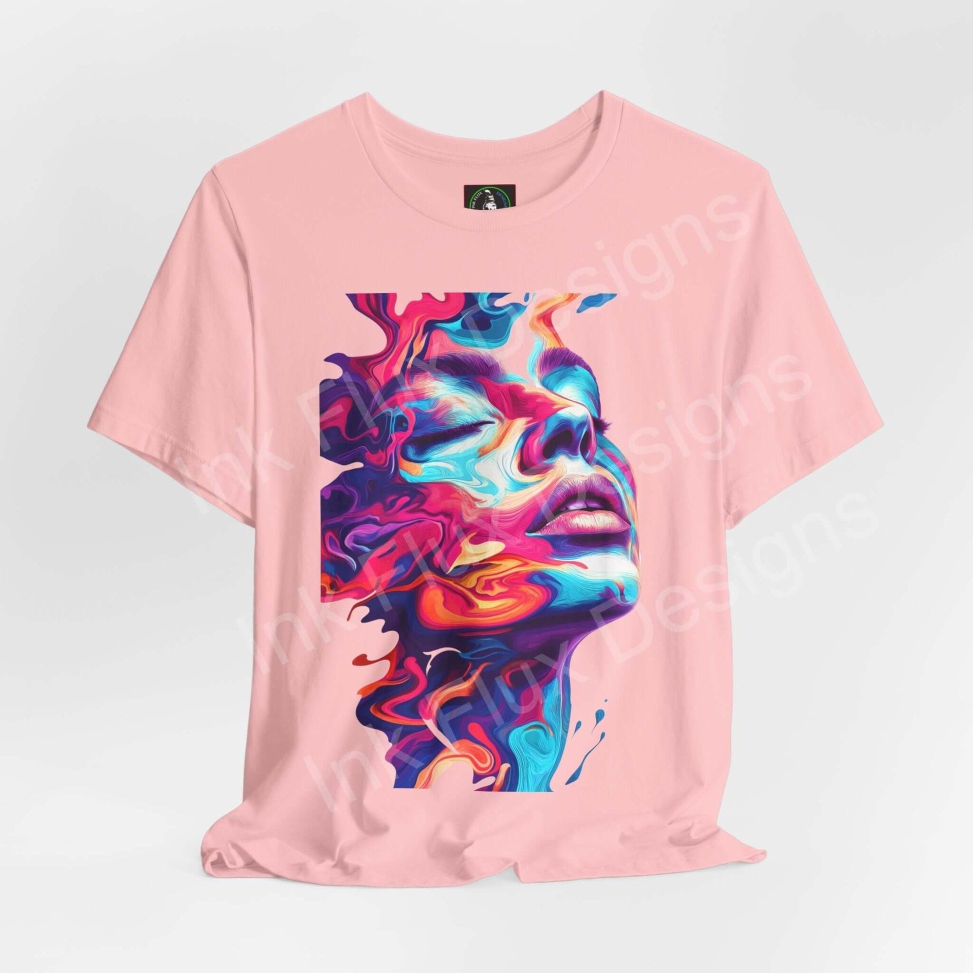Unisex pink T-shirt featuring a bold, psychedelic graphic of a colorful, trippy portrait design, perfect for style and comfort.