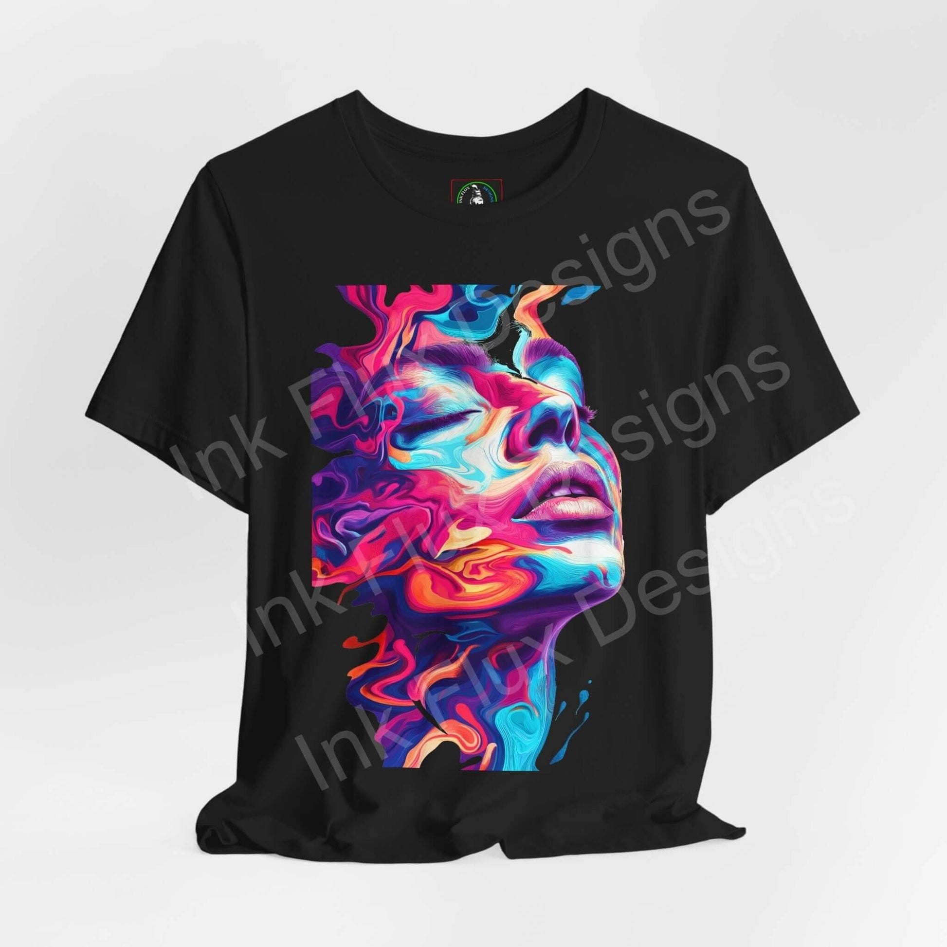 Black unisex T-shirt with a bold, psychedelic graphic of a colorful, trippy liquid portrait design, showcasing vibrant hues and artistic expression.
