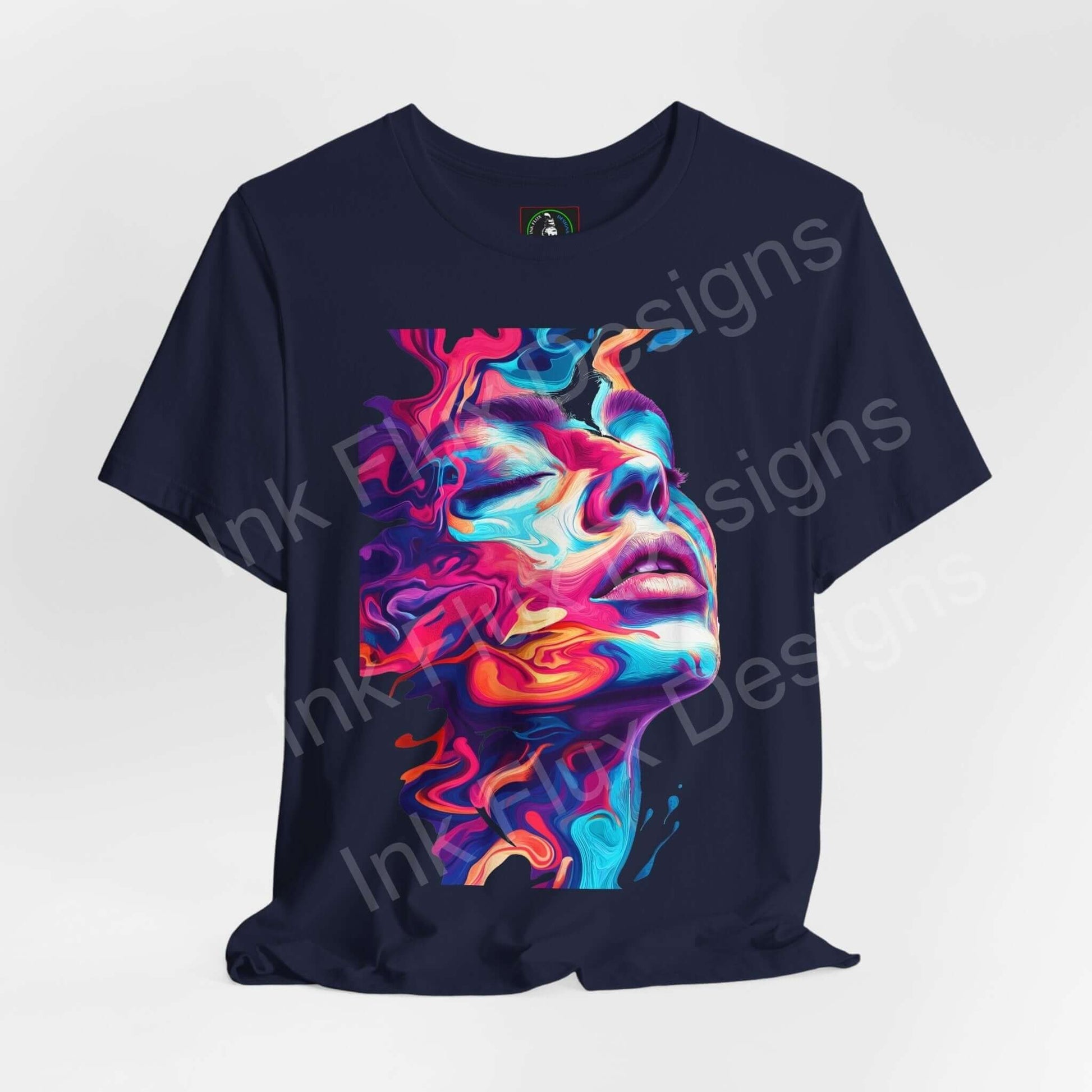 Trippy graphic tee featuring a bold, psychedelic liquid portrait design on a dark blue unisex jersey T-shirt.