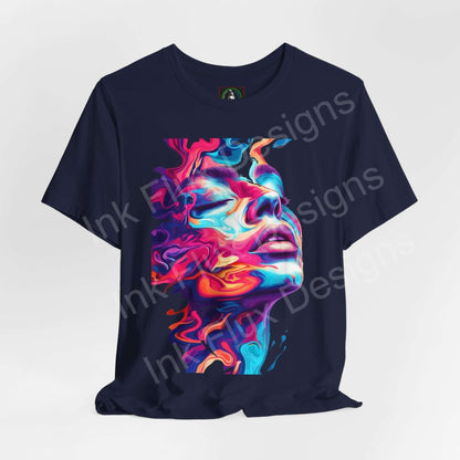 Trippy graphic tee featuring a bold, psychedelic liquid portrait design on a dark blue unisex jersey T-shirt.