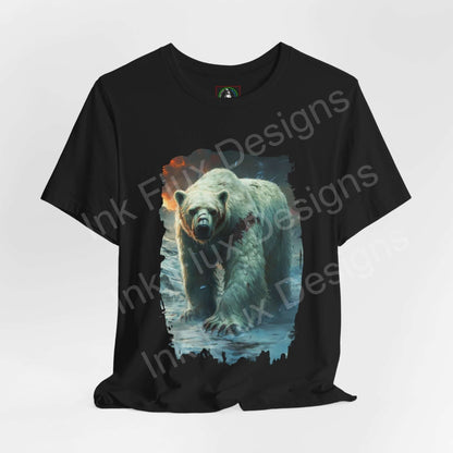 Black unisex T-shirt featuring a graphic of a mighty polar bear, perfect for fans of spirit animals and ethically made graphic tees.