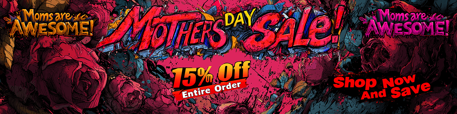 Promotional banner for Mother's Day sale with colorful text and roses.