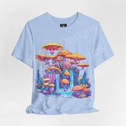 Light blue unisex T-shirt with vibrant, psychedelic mushroom graphic design, ideal for a trippy, stylish look.