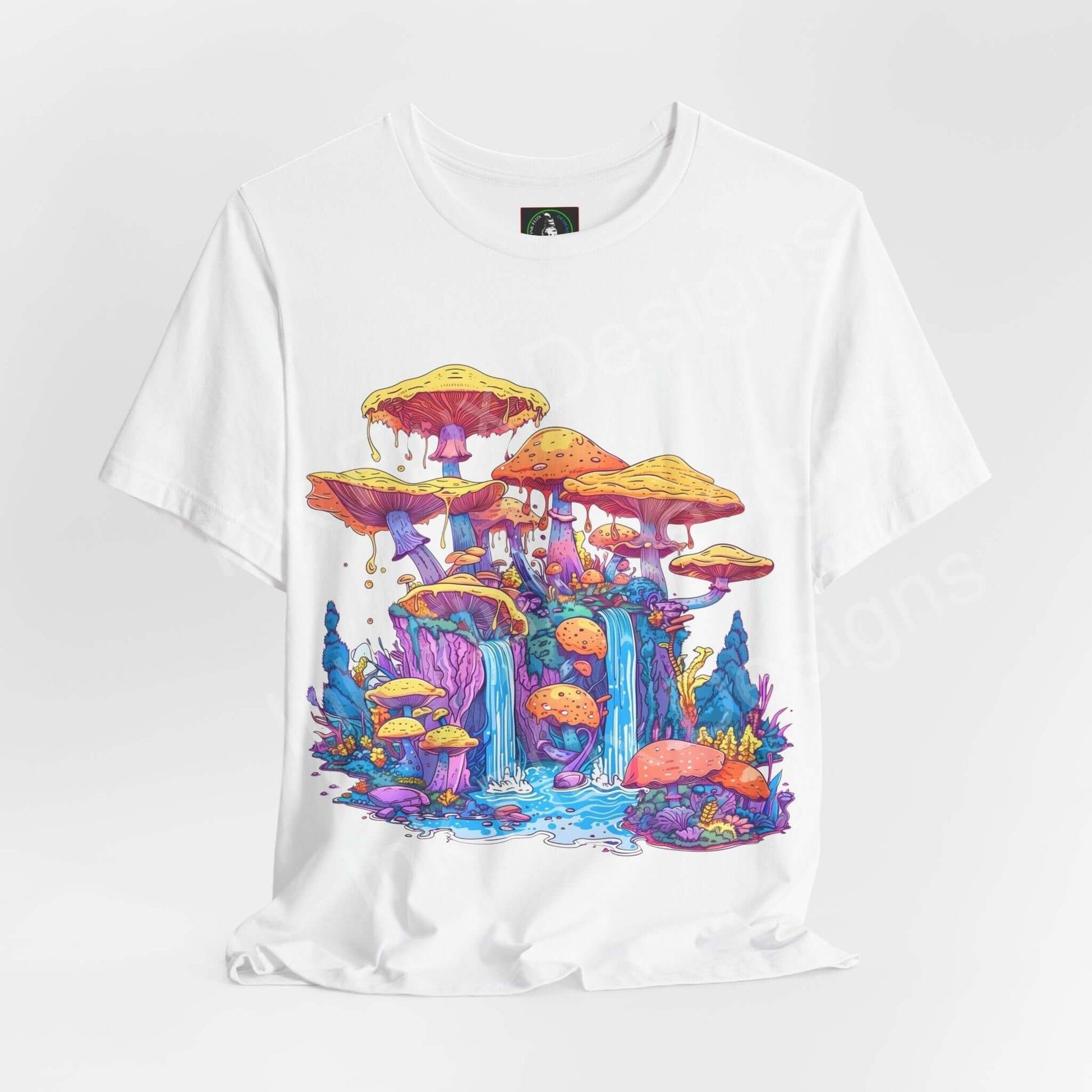 Unisex white T-shirt featuring a vibrant, psychedelic mushroom kingdom graphic, perfect for a bold, trippy style.