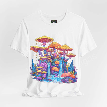 Unisex white T-shirt featuring a vibrant, psychedelic mushroom kingdom graphic, perfect for a bold, trippy style.