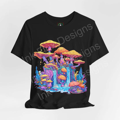Black unisex T-shirt featuring bold, psychedelic mushroom graphic print with vibrant colors, from Bella+Canvas. Ideal for trippy tee enthusiasts.