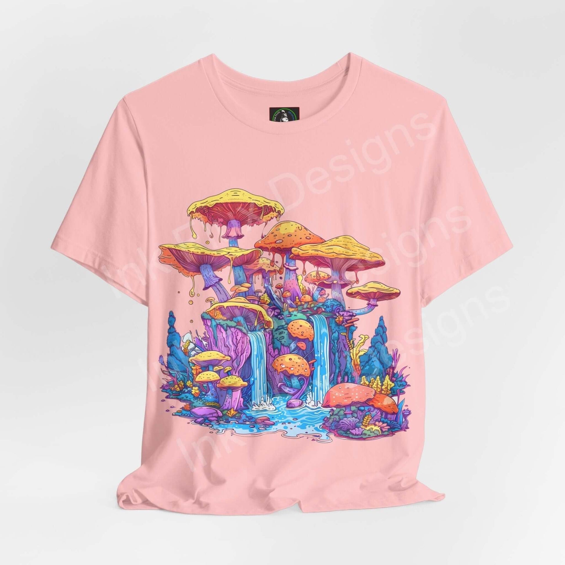 Pink unisex T-shirt with bold, psychedelic mushroom graphic design in vibrant colors, ideal for trippy style enthusiasts.