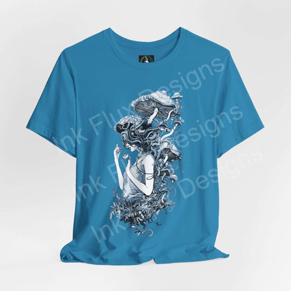 Psychedelic graphic tee featuring bold trippy mushroom designs on a blue unisex T-shirt, perfect for stylish comfort and durability.