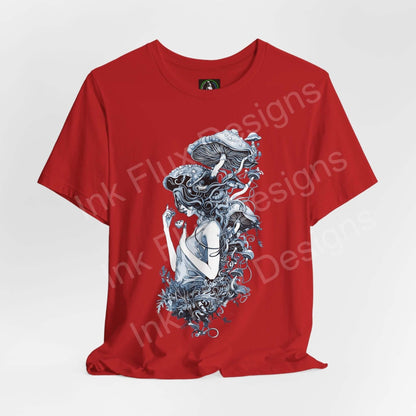 Red unisex T-shirt with bold trippy mushroom graphic design, featuring soft Airlume cotton and sustainable production by Bella+Canvas.