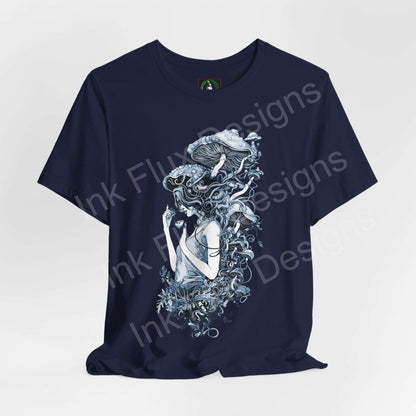Unisex navy blue graphic tee featuring a psychedelic mushroom lady design, crafted from soft Airlume cotton, perfect for style and comfort.