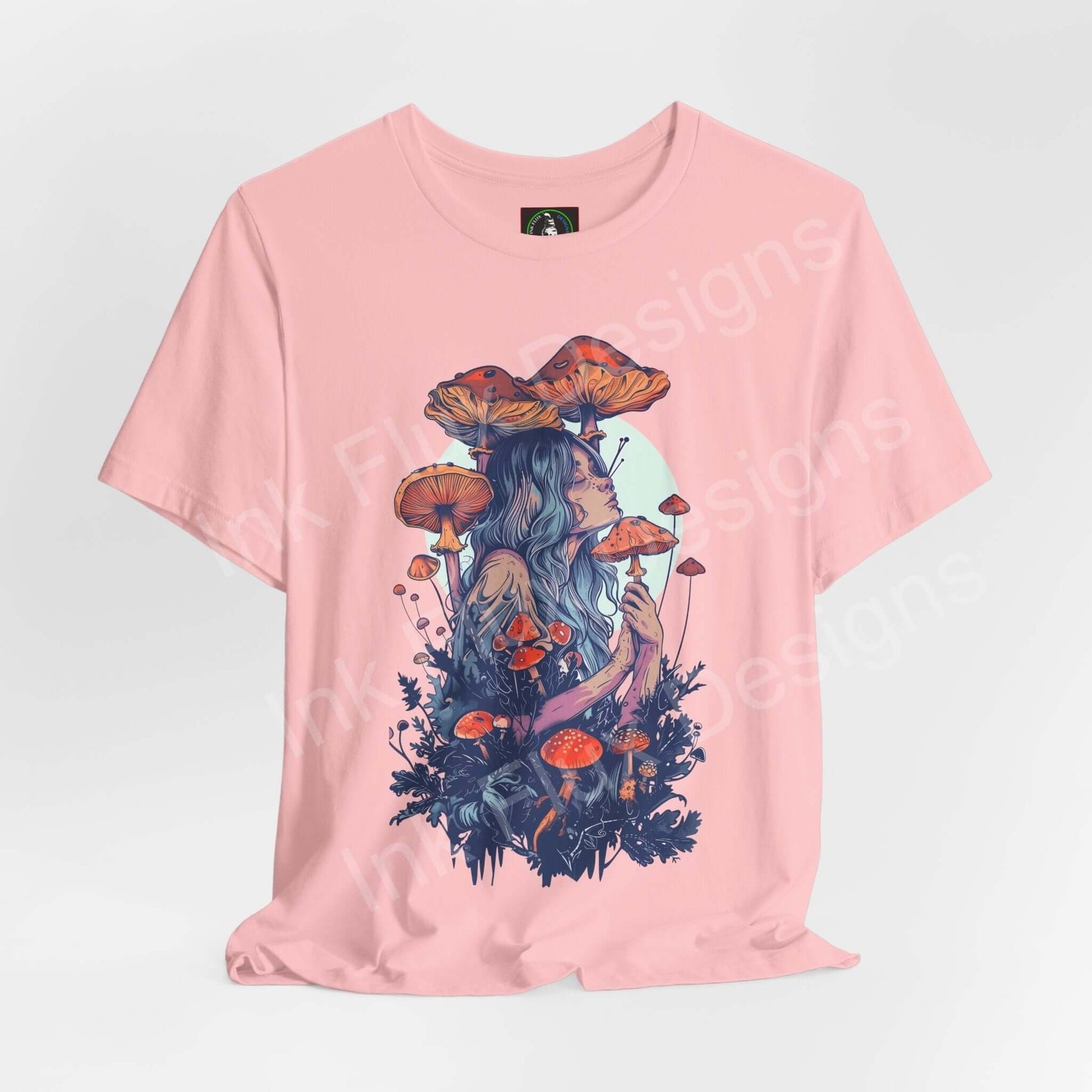 Pink unisex T-shirt featuring a trippy, psychedelic graphic of a woman with mushroom and floral designs, from the Mushroom Lady VI collection.